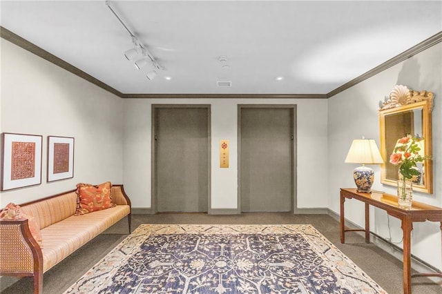 433 Ward Pkwy Unit 3S, Kansas City, MO 64112 - sitting room featuring carpet, crown molding, elevator, and track lighting