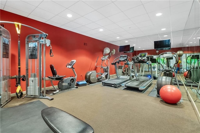 433 Ward Pkwy Unit 3S, Kansas City, MO 64112 - workout area featuring carpet flooring, recessed lighting, and a drop ceiling