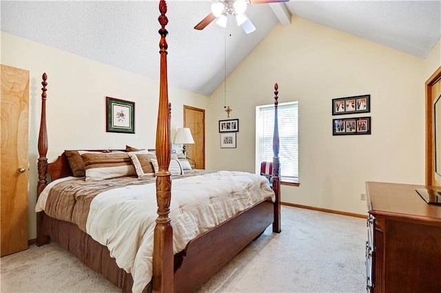 carpeted bedroom featuring vaulted ceiling with beams and ceiling fan