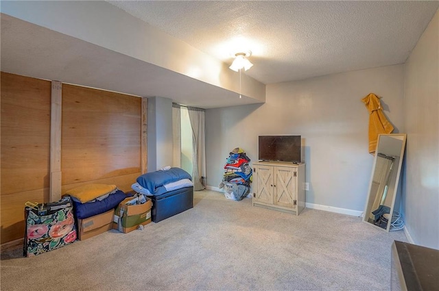 interior space featuring a textured ceiling, baseboards, and carpet floors