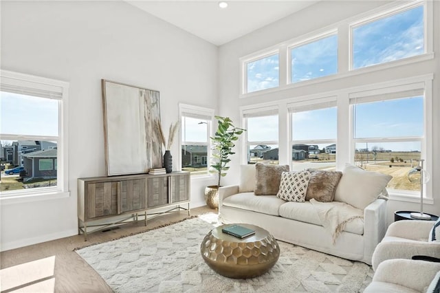 living room with a high ceiling and light wood-type flooring