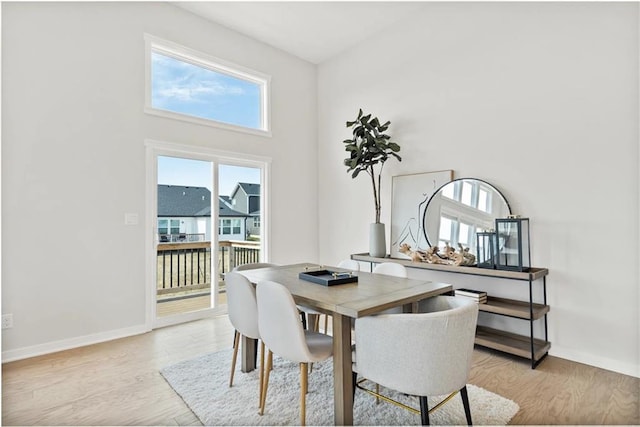 dining room with a high ceiling and light hardwood / wood-style floors