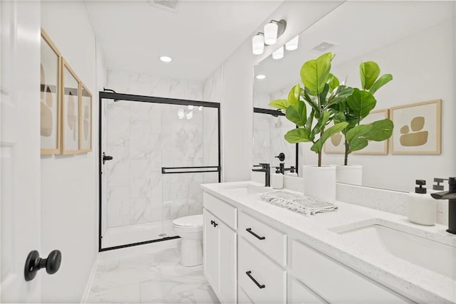 19712 W 195th Pl, Spring Hill, KS 66083 - bathroom with marble finish flooring, a marble finish shower, double vanity, and recessed lighting