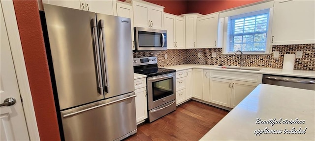 kitchen featuring tasteful backsplash, dark wood-type flooring, sink, and stainless steel appliances