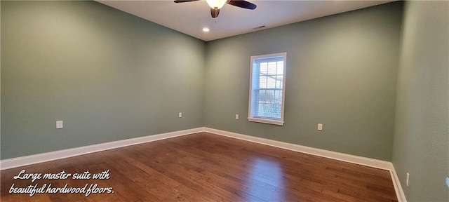 empty room with hardwood / wood-style flooring and ceiling fan