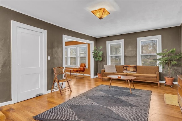 sitting room featuring crown molding and light hardwood / wood-style flooring