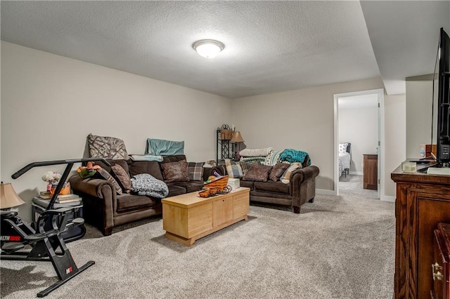 living room with carpet and a textured ceiling