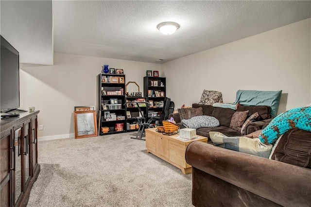 carpeted living room with a textured ceiling