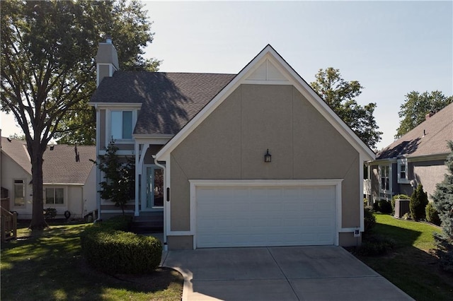 view of front of house featuring a garage, a front lawn, and central air condition unit