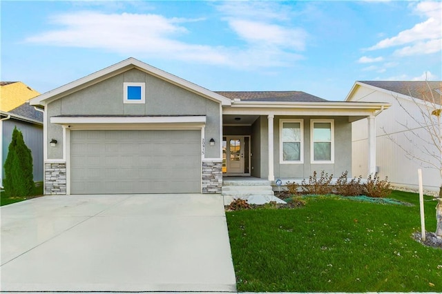 single story home with a garage and a front lawn