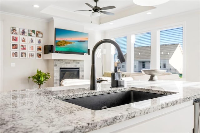 interior details with light stone countertops, sink, ceiling fan, a raised ceiling, and ornamental molding