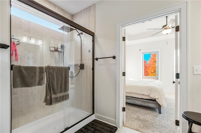 20915 W 190th Ter, Spring Hill, KS 66083 - full bath featuring a shower stall, ceiling fan, ensuite bathroom, and baseboards