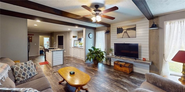 living room featuring sink, dark hardwood / wood-style floors, ceiling fan, a textured ceiling, and beam ceiling