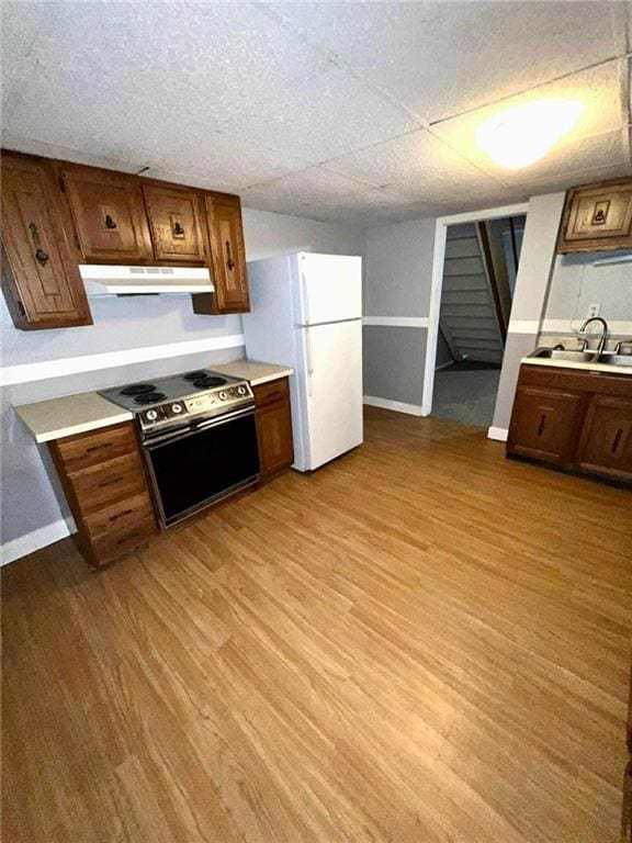 kitchen featuring electric range, sink, light wood-type flooring, and white refrigerator