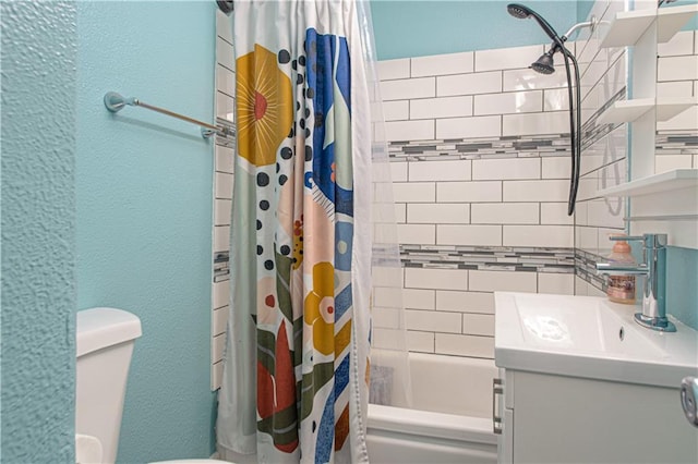 full bathroom with vanity, toilet, and shower / bath combo with shower curtain