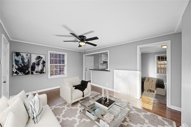 living room with hardwood / wood-style floors, ceiling fan, and crown molding