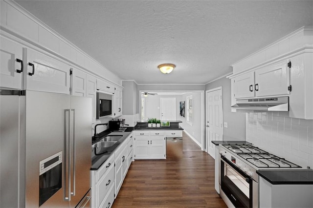 kitchen featuring white cabinetry, sink, ceiling fan, dark wood-type flooring, and appliances with stainless steel finishes