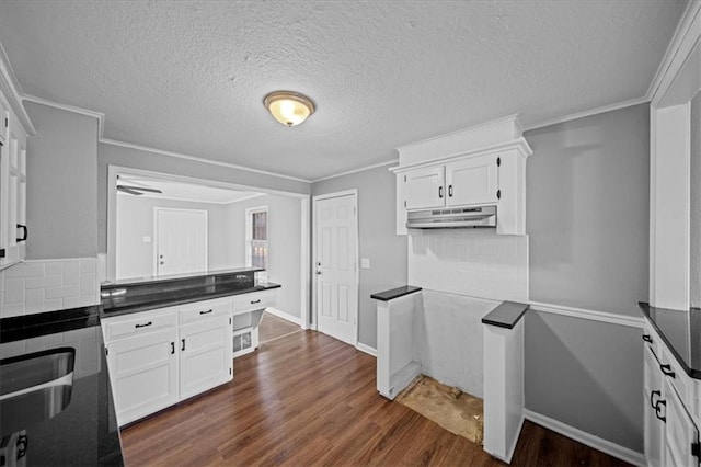 kitchen with sink, dark hardwood / wood-style floors, backsplash, a textured ceiling, and white cabinets