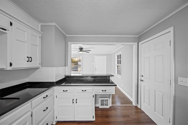 kitchen featuring white cabinets, ceiling fan, dark wood-type flooring, and a textured ceiling