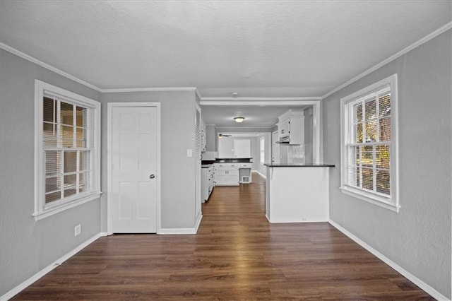 interior space featuring kitchen peninsula, dark hardwood / wood-style floors, white cabinetry, and ornamental molding