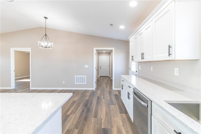 kitchen featuring dark hardwood / wood-style flooring, light stone counters, dishwasher, and white cabinets