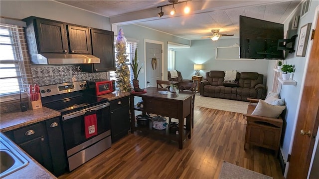 kitchen featuring ceiling fan, dark wood-type flooring, extractor fan, and stainless steel electric range