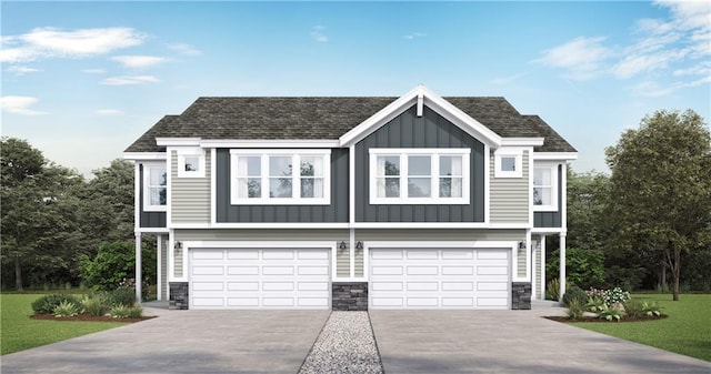 19714 W 195th Pl, Spring Hill, KS 66083 - view of front facade featuring stone siding, board and batten siding, driveway, a garage, and a shingled roof