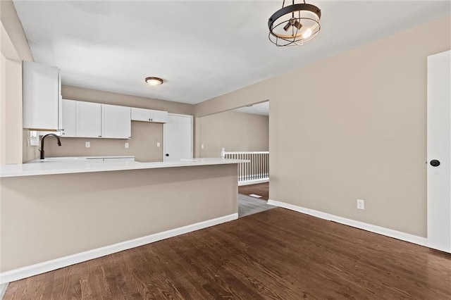 kitchen featuring sink, dark hardwood / wood-style flooring, white cabinetry, and kitchen peninsula