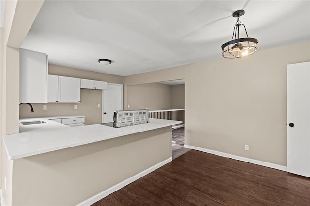 kitchen featuring kitchen peninsula, sink, white cabinets, and dark wood-type flooring