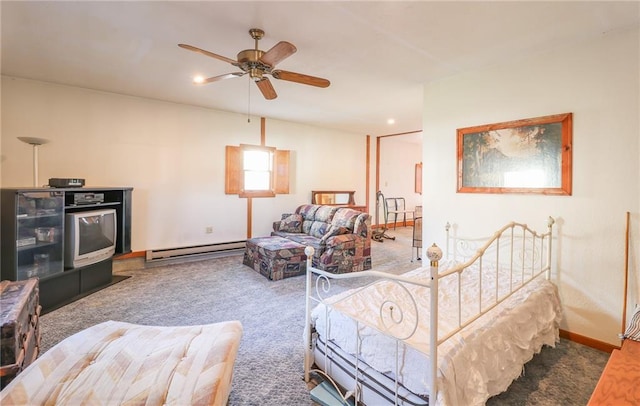 carpeted living room featuring ceiling fan and a baseboard radiator