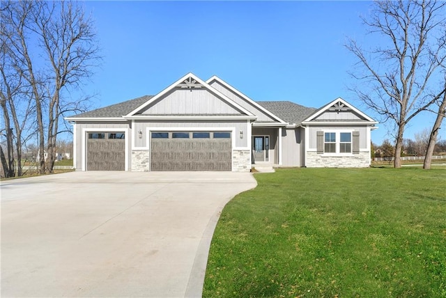 craftsman house with concrete driveway, stone siding, an attached garage, a front lawn, and board and batten siding