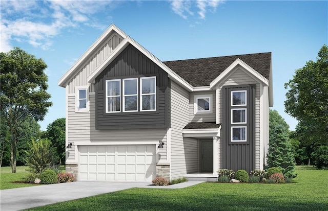 316 Woodview Dr, Raymore, MO 64083 - view of front of property featuring board and batten siding, a front yard, roof with shingles, an attached garage, and driveway