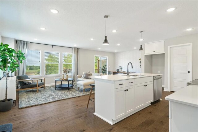 19719 W 195th Pl, Spring Hill, KS 66083 - kitchen featuring stainless steel dishwasher, dark wood-style flooring, white cabinetry, light countertops, and pendant lighting