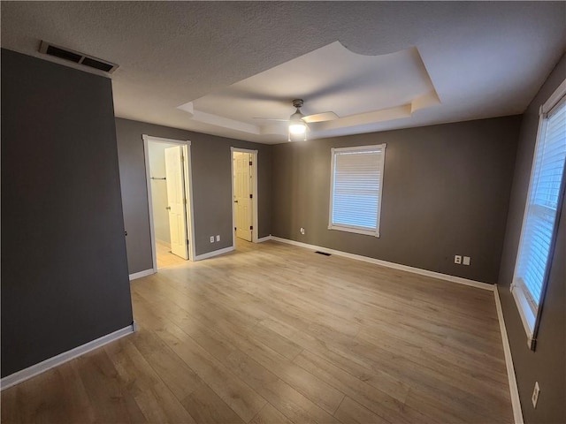 spare room with light hardwood / wood-style floors, a raised ceiling, and plenty of natural light