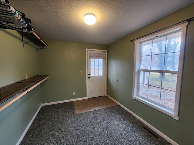 entryway with carpet flooring and a textured ceiling