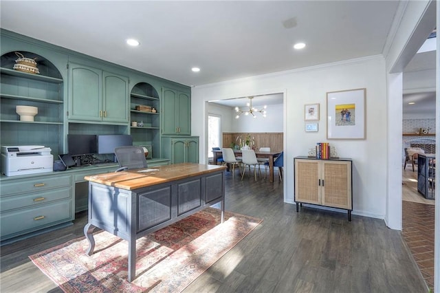 office with crown molding, dark hardwood / wood-style floors, and a notable chandelier