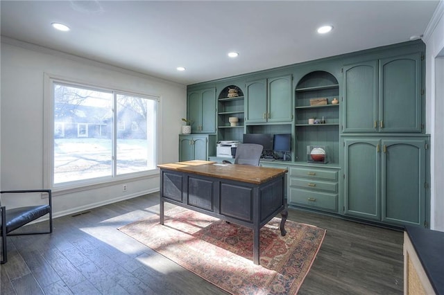 office featuring crown molding and dark hardwood / wood-style floors