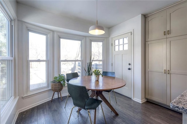 dining space with dark wood-type flooring and a healthy amount of sunlight