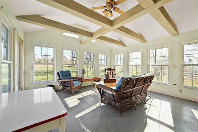 sunroom / solarium with vaulted ceiling with beams and ceiling fan