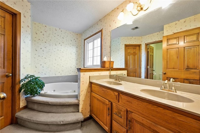 bathroom with vanity, a textured ceiling, and a washtub