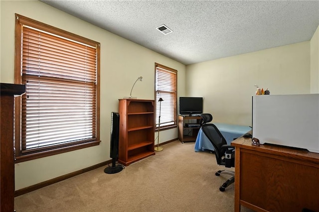 office with light carpet and a textured ceiling