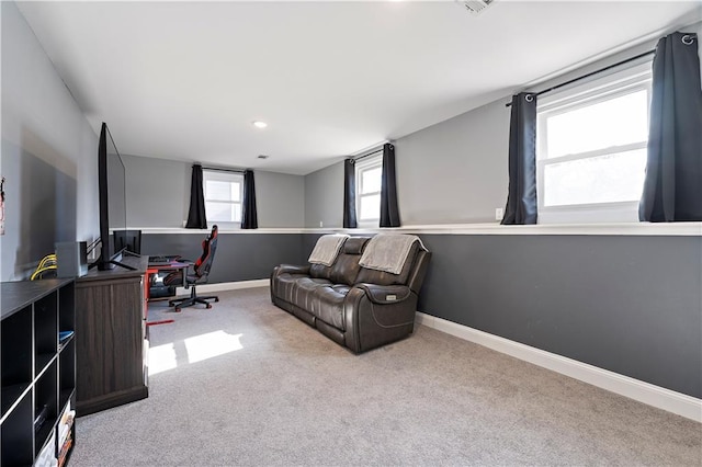 home office with light colored carpet