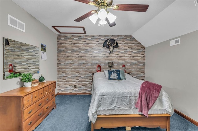 carpeted bedroom featuring ceiling fan and vaulted ceiling