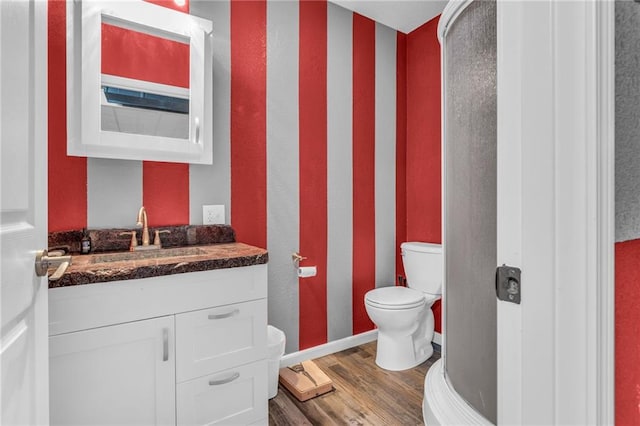 bathroom with wood-type flooring, vanity, and toilet
