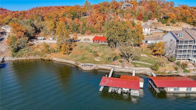 bird's eye view with a water view