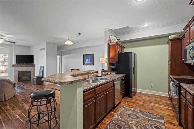 kitchen with a kitchen bar, sink, a fireplace, dark hardwood / wood-style flooring, and stainless steel appliances