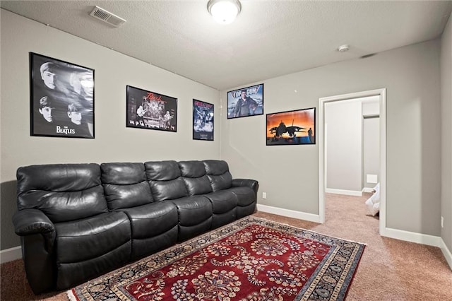 living room with a textured ceiling and carpet floors