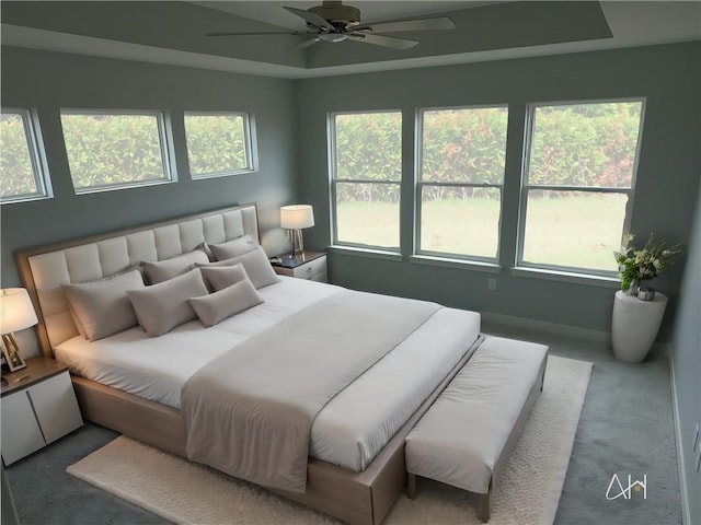 carpeted bedroom with multiple windows and a tray ceiling