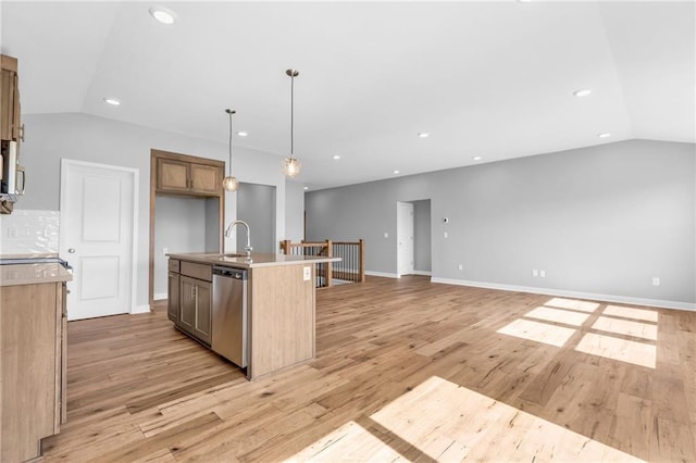 kitchen featuring lofted ceiling, recessed lighting, light wood-style flooring, a sink, and dishwasher