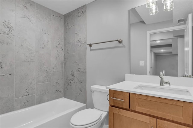 full bath with visible vents, shower / tub combination, vanity, and toilet